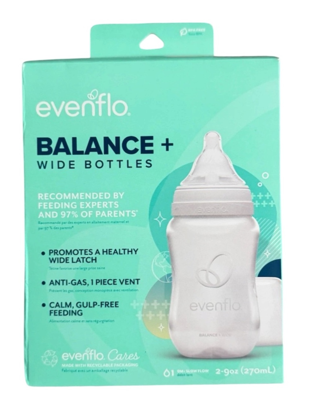 Evenflo Balance Wide Baby Bottles, Platinum White Color 9oz 2 Count